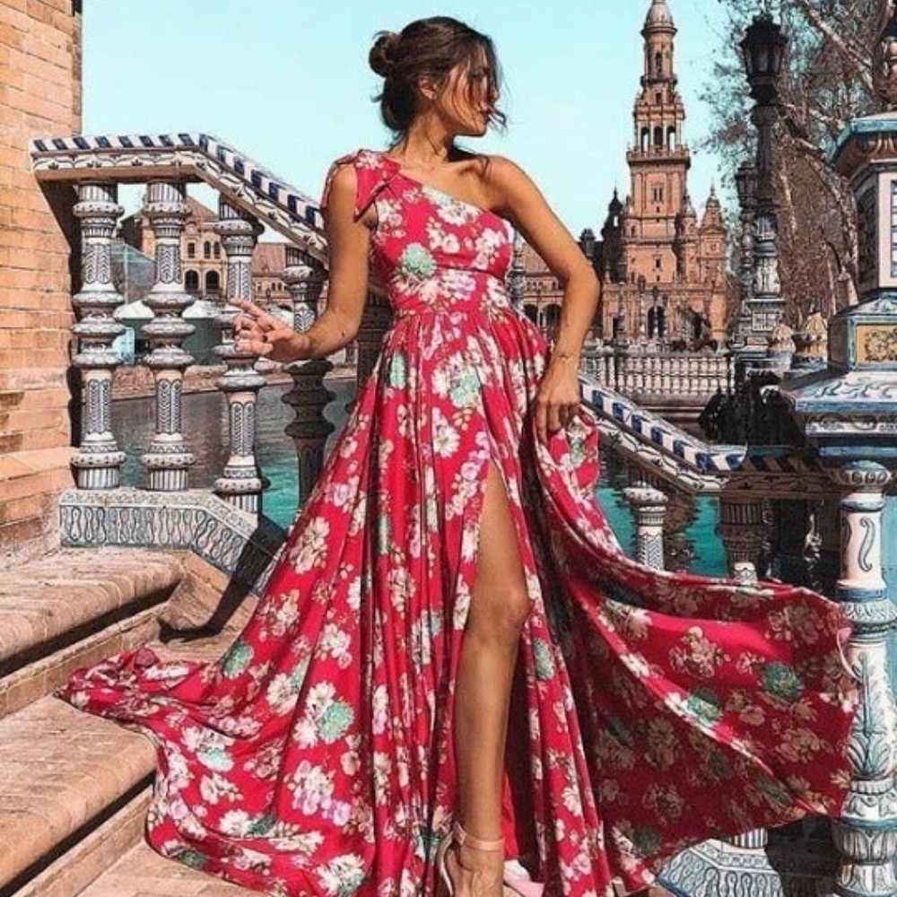 Red Floral One-Shoulder Long Bohemian Dress